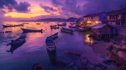Gordijnen A serene view of a coastal village at twilight, with small fishing boats moored in the harbor and the last rays of the sun painting the sky in shades of purple and gold. © SardarMuhammad