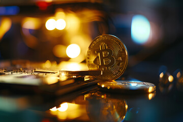 Golden Bitcoin Amidst Circuitry: A Glimpse into Digital Currency,Illuminated Bitcoin Amidst Intricate Computer Hardware Components