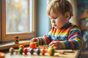 A Caucasian child, a three-year-old boy, enthusiastically plays with colored wooden toys at a table by the window. Educational toys for preschool and kindergarten children