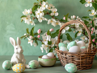 Happy easter. Wicker basket with Easter eggs, white ceramic bunny and branches of a blooming apple or cherry tree on a light green background with copy space