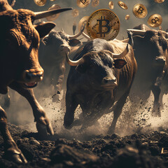 Bulls Charging Through Bitcoin Storm Symbolizing Bullish Cryptocurrency Market,Bull and bull with gold bitcoin coins. Cryptocurrency concept.