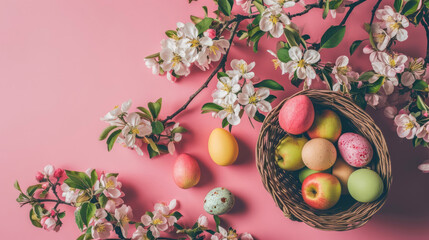 Top view of a greeting Easter pink background with a wicker basket with Easter eggs and apple tree flowers. Banner with copy space.