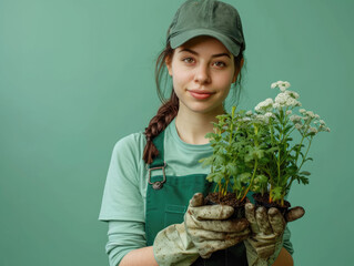 Portrait of smiling young girl in green baseball cap, apron and gardening gloves holding potted plant on green background, copy space, gardening concept
