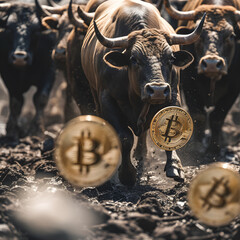 Bulls Charging Through Bitcoin Storm Symbolizing Bullish Cryptocurrency Market,Bull and bull with gold bitcoin coins. Cryptocurrency concept.