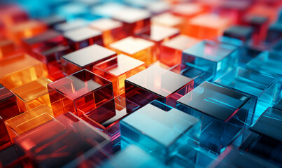 Abstract dark background with orange, blue transparent glass cubes in perspective, 3d render. Generative AI
