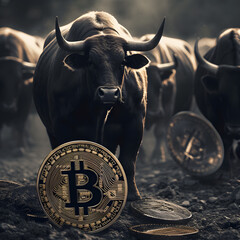 Bulls Charging Through Bitcoin Storm Symbolizing Bullish Cryptocurrency Market,Bull and bull with gold bitcoin coins. Cryptocurrency concept.