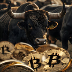 Bulls Charging Through Bitcoin Storm Symbolizing Bullish Cryptocurrency Market,Bull and bull with gold bitcoin coins. Cryptocurrency concept.