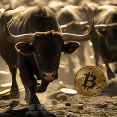 Bulls Charging Through Bitcoin Storm Symbolizing Bullish Cryptocurrency Market,Bull and bull with gold bitcoin coins. Cryptocurrency concept.