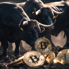 Bulls Charging Through Bitcoin Storm Symbolizing Bullish Cryptocurrency Market,Bull and bull with gold bitcoin coins. Cryptocurrency concept.