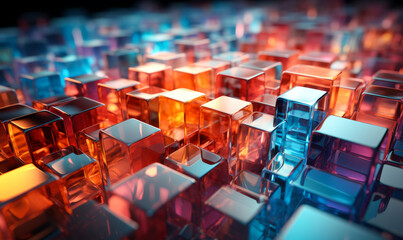Abstract dark background with colorful transparent glass cubes are stacked on top of each other, 3d render Generative AI