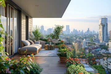A balcony overlooking the city with a couch for seating.