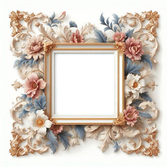 Floral pattern frame handmade drawing vintage elegance botany bloom petal leaf stem curl filigree decoration grace refinement texture background wallpaper white space.