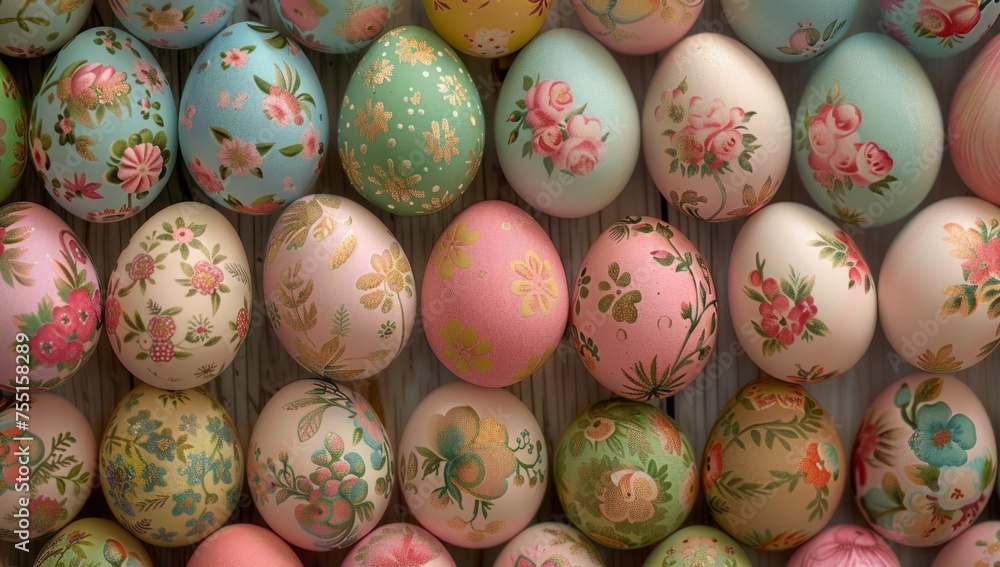Poster a pattern of easter eggs with pastel floral designs arranged in rows and columns generative ai