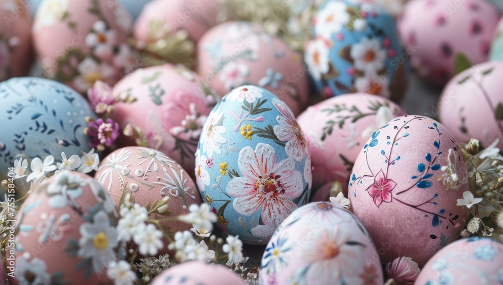Poster a closeup of easter eggs with delicate floral patterns sitting amongst flowers arranged in an array 