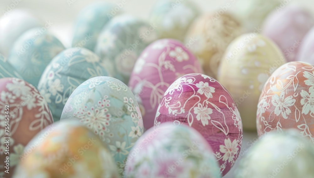 Poster a closeup of pastel-colored easter eggs with delicate floral patterns the background is soft and blu