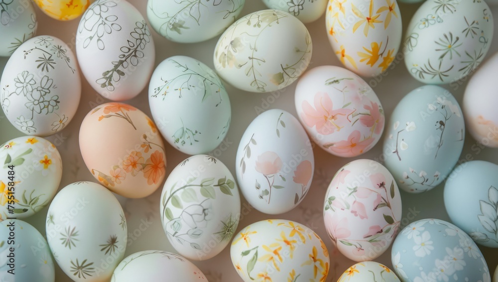Poster a closeup top down view of pastel-colored easter eggs with delicate floral patterns generative ai