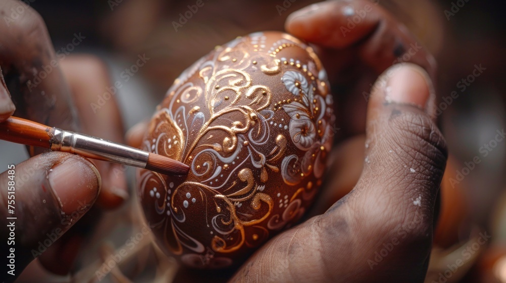 Poster An individual is using a brush to paint intricate designs on an Easter egg, focusing on creating intricate patterns.