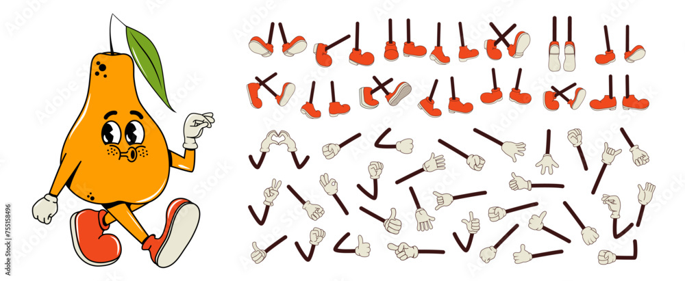 Poster set and collection of arms and legs in different pose for characters in groove style. pear, fruits a