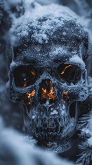 In the grip of winters freeze a skull bears the marks of fires touch - obrazy, fototapety, plakaty