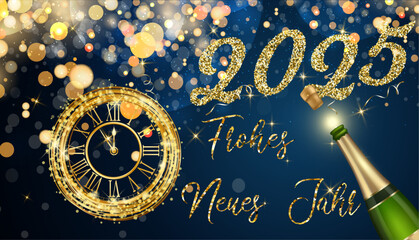 Karte oder Banner, um ein frohes neues Jahr 2025 in Gold zu wünschen, mit einer Uhr unten, einer Flasche Alkohol auf einem blauen Hintergrund mit Farbverlauf, goldfarbenen Kreisen und Glitzer im Bokeh