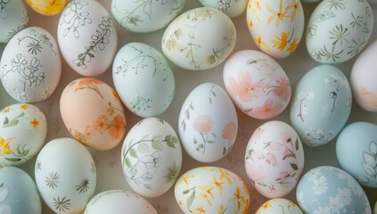 A closeup top down view of pastel-colored Easter eggs with delicate floral patterns Generative AI