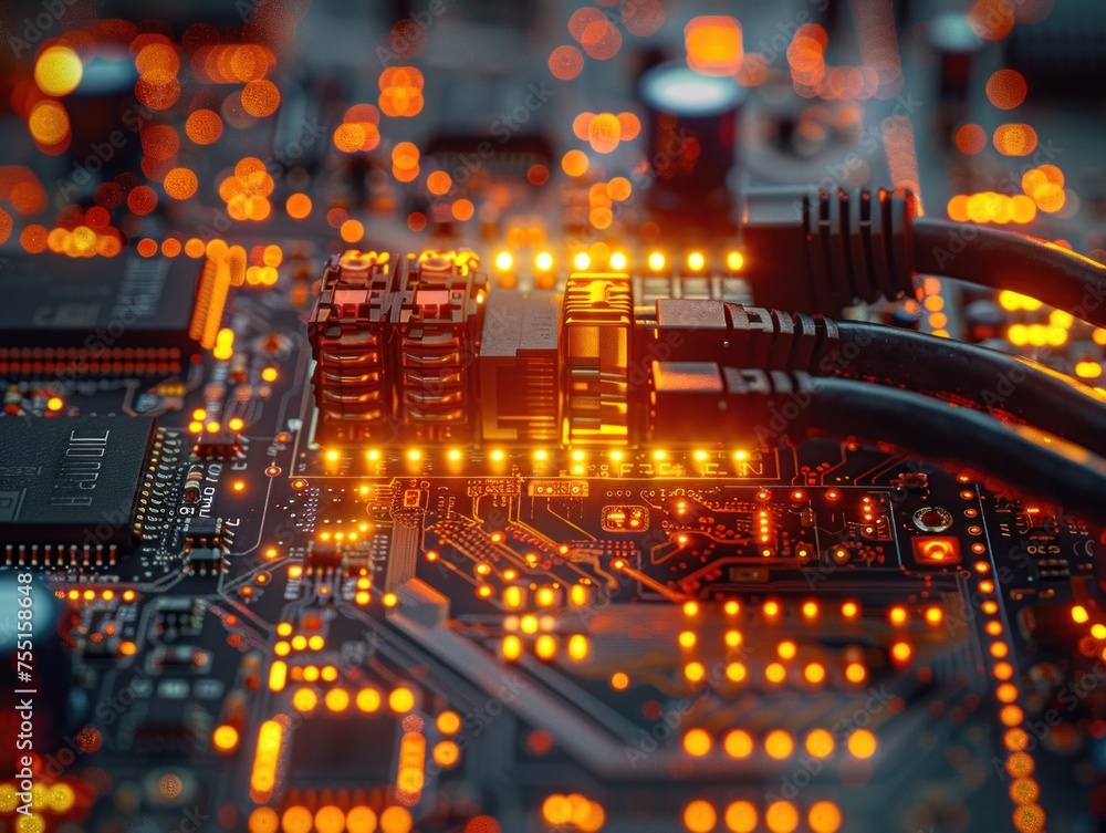 Poster detailed view of a computer motherboard showing circuits, components, and connectors.