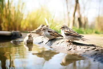 a flock of sparrows bathes in a puddle in early spring