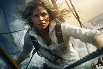Adventurous Sailing sportswoman. Water training boat. Generate Ai - obrazy, fototapety, plakaty