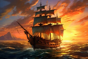 Obraz premium Vast Sailing ocean ship. Pirate yacht. Generate Ai