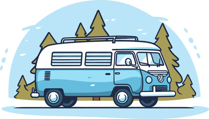 Adventure Travel Concept with Camper Van Exploring Beach Vector Illustration
