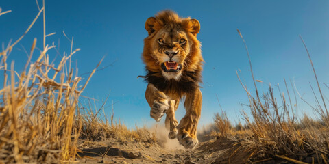 un leone maschio di grandi dimensioni  che salta verso la macchina fotografica con la bocca aperta in un ringhio, lo sfondo è la steppa della Patagonia in Argentina con un cielo limpido e blu