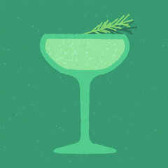 Blue cocktail with rosemary and bubble drink. Refreshing mocktail. Soda and gin tonic in a margarita glass. Alcohol drink for events. Non-alcoholic beverage. Flat vector illustration with texture