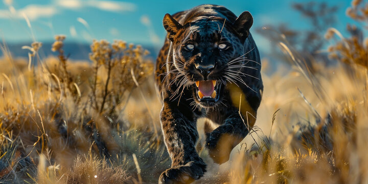 una pantera di grosse dimensioni  che salta verso la macchina fotografica con la bocca aperta in un ringhio, lo sfondo &egrave; la steppa della Patagonia in Argentina con un cielo limpido e blu