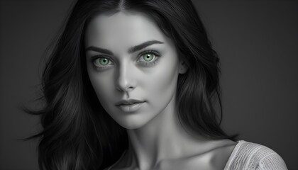 Fototapeta premium Black and white close-up portrait of a young woman model, brunette, long hairs, deep green eyes, 