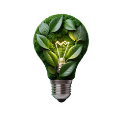 green light bulb, light bulb with green leaf, green energy concept, transparent background - obrazy, fototapety, plakaty