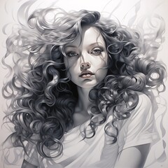 the black and white representation of a girl with long curly hair