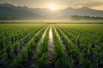 Earth Day Awakening in a Dew-Kissed Rice Field, Highlighting the Importance of Water Conservation in Agriculture - obrazy, fototapety, plakaty