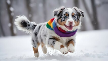 A cheerful Australian shepherd puppy, its blue merle coat shining, wearing a fuzzy purple hat and a rainbow-striped scarf, leaping joyfully through the snow.