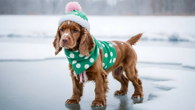 A sweet cocker spaniel puppy, its fur frosted with snow, wearing a green and white polka-dot hat and a fluffy pink scarf, standing on a frozen pond.