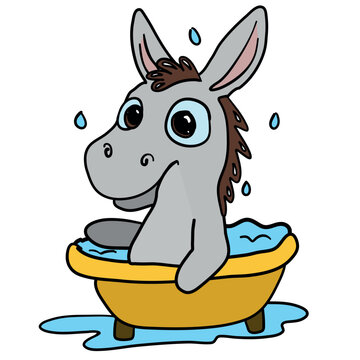 Simple vector colorful illustration for children: Cute donkey is having a bath