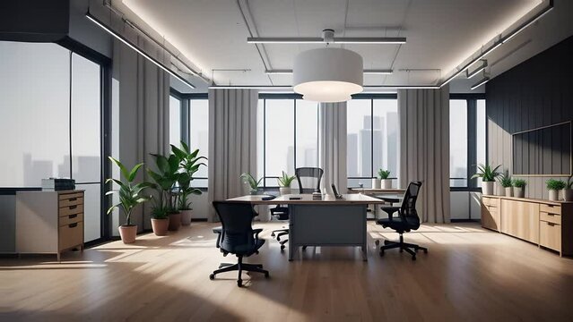 modern office interior, 3D, view from windows, table and chears