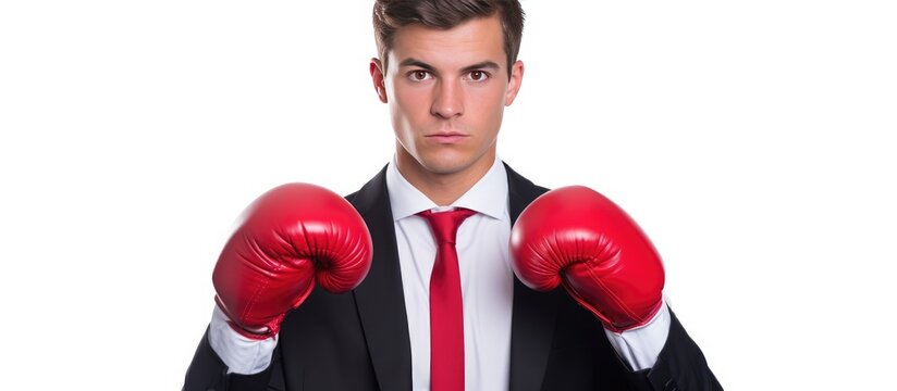 A man in a suit and tie is wearing red boxing gloves on his hands, ready to throw punches. His arms are crossed over his chest in a defensive gesture