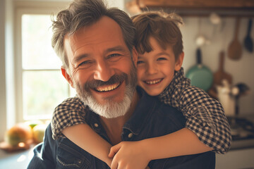 a boy sitting on his back and a grandfather smiling and looking at the camera - obrazy, fototapety, plakaty