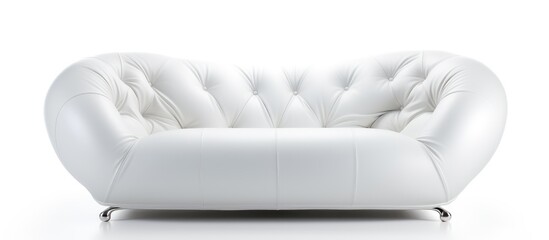 Fototapeta na wymiar The white leather couch, made of composite material, sits on a smooth white surface. Its rectangle shape adds a touch of modernity and elegance to any event