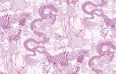 Seamless pattern with chinese motifs - unicorns, fairies and flowers.  In style Toile de Jou. 