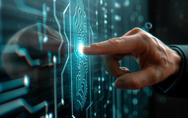 Businessman's touch: navigating the future with a modern virtual fingerprint panel, a glimpse into seamless security and cutting-edge technology