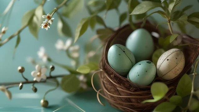 easter eggs in a nest with blooming tree branch on the mint background, concept Easter, greeting card, wood, 