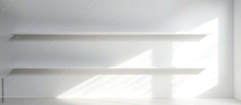 Poster the sunlight is streaming through the window, creating a rectangular shadow on the wooden shelves. t