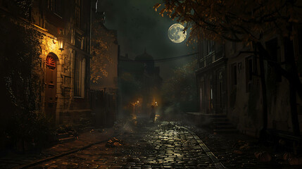 A dark and gloomy night in a cobblestone street. The only light comes from the moon and a few...