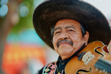 A man wearing a sombrero and playing a guitar. He has a mustache and is smiling. street...
